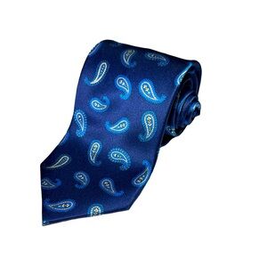 Bijan mens blue paisley print 100% silk hand made luxury neck tie 1/2 EUC